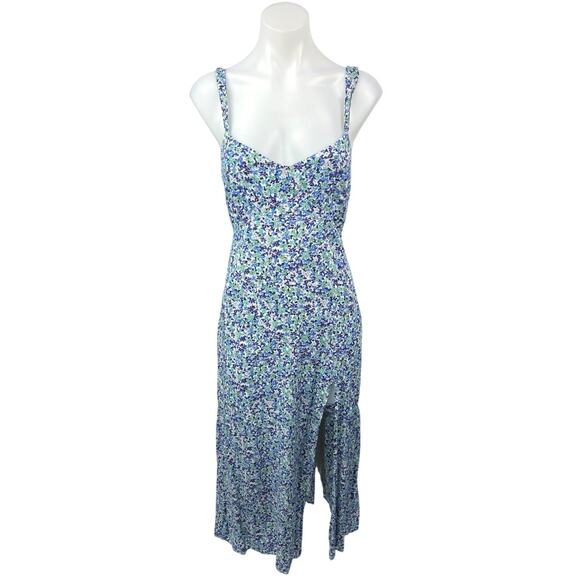 Zara Blue Floral Smocked V Neck Sleeveless Cami Camisole Slit Sheath Midi Dress - Picture 6 of 13